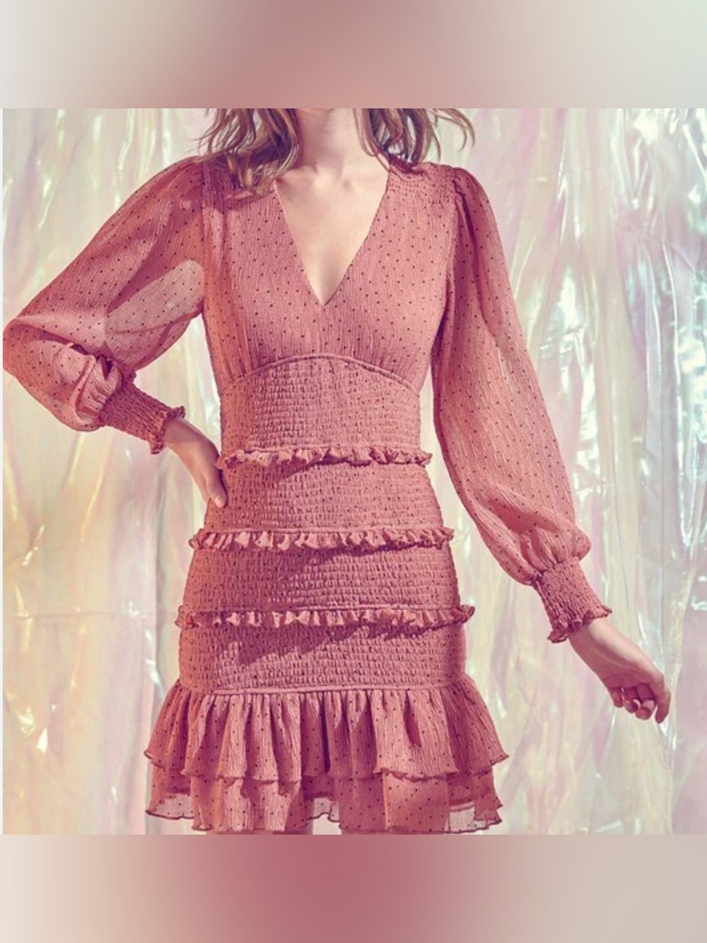 Storia Dusty Rose Smocked Ruffle Mini Dress